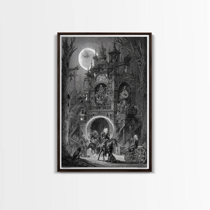 The Clockwork Haunted House, Renaissance Engraving Art, Vertical Wall Art, Macabre Wall Art, Framed Canvas Print, Halloween Wall Art