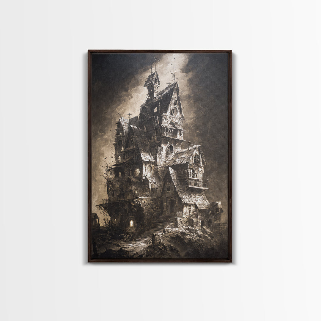 The Clockwork Haunted House, Dark Romantic Horror Art, Vertical Wall Art, Dark Fantasy Wall Art, Canvas Print, Halloween Wall Art