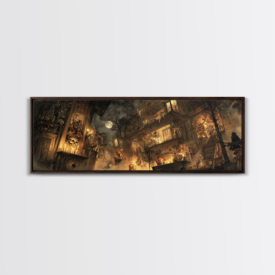 The Clockwork Haunted House, Visionary Gothic Art, Extra Wide Wall Art, Gothic Horror Wall Art, Canvas Print, Halloween Wall Art
