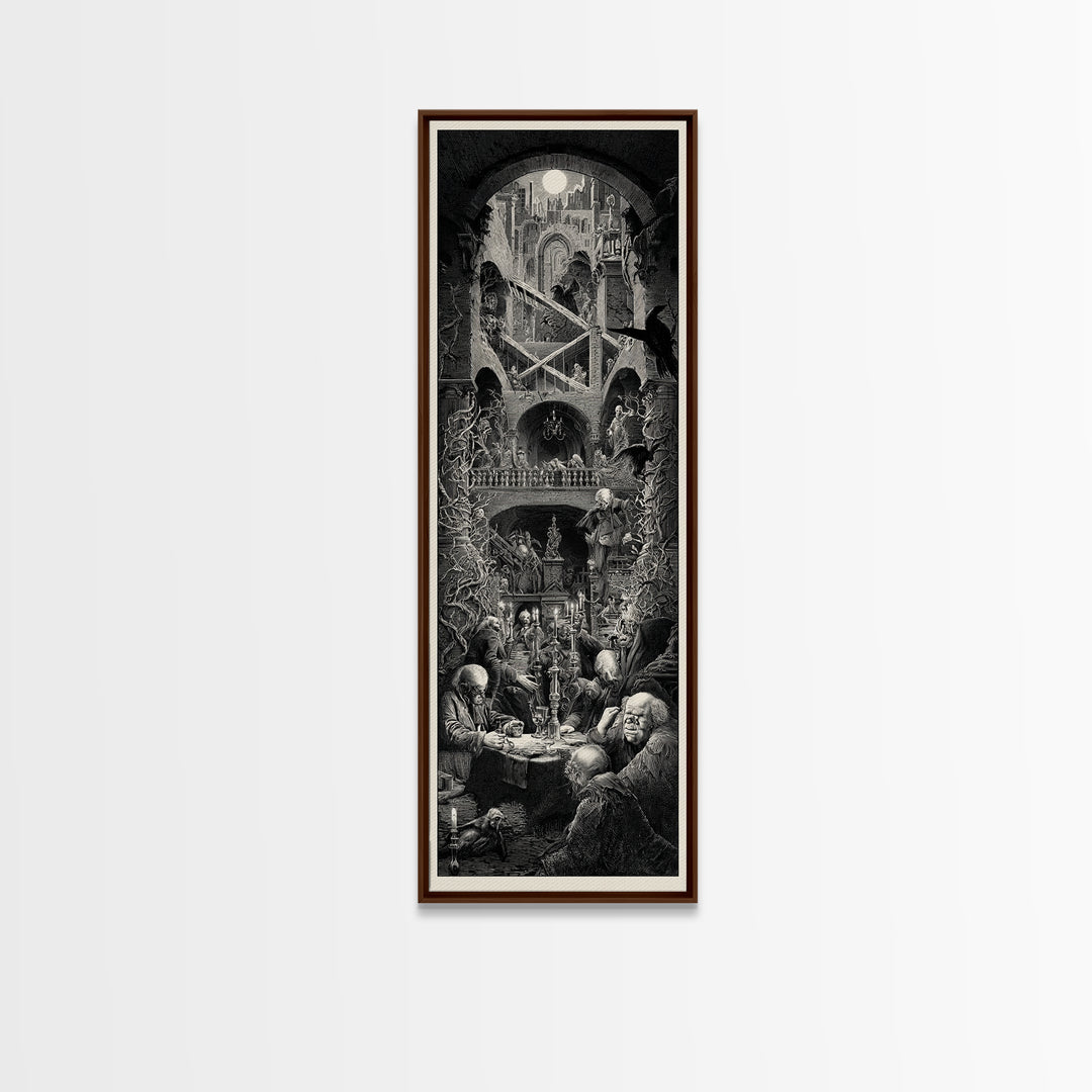 The Clockwork Haunted House, Architectural Etching Art, Tall Narrow Wall Art, Dark Halloween Decor, Canvas Print