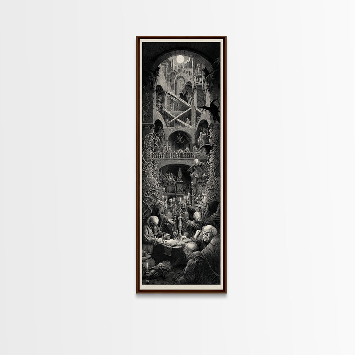 The Clockwork Haunted House, Architectural Etching Art, Tall Narrow Wall Art, Dark Halloween Decor, Canvas Print