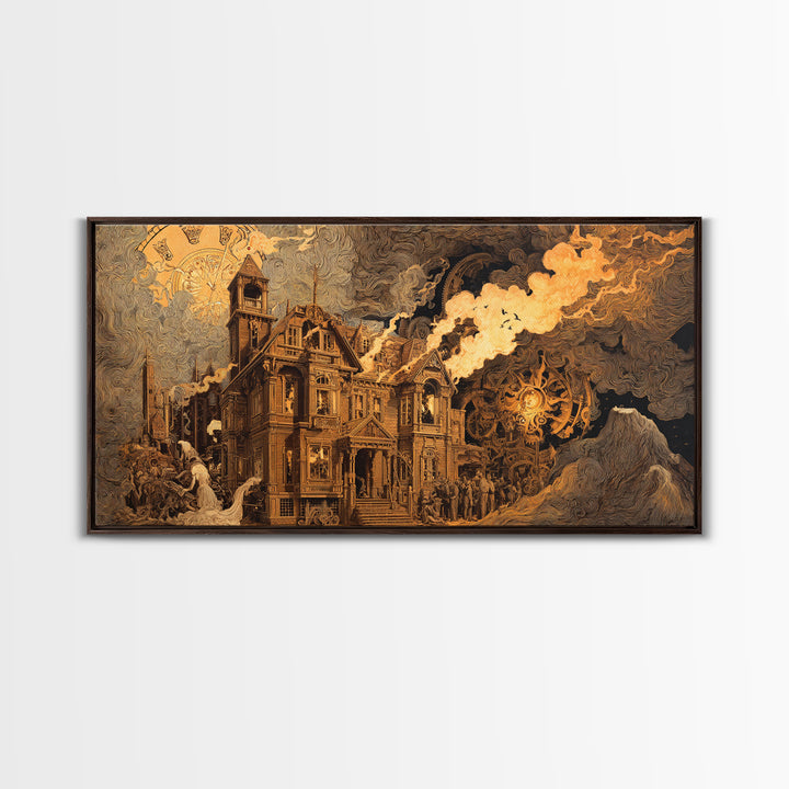 The Clockwork Haunted House, Apocalyptic Romantic Art, Wide Panoramic Art, Gothic Horror Wall Art, Canvas Print, Halloween Wall Art