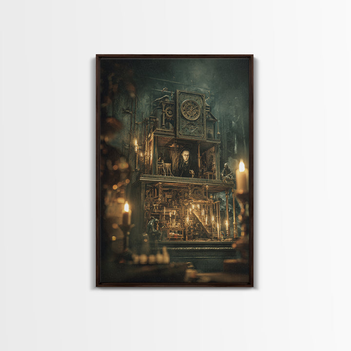 The Clockwork Haunted House, Ornate Symbolist Art, Vertical Wall Art, Dark Halloween Decor, Framed Canvas Print, Halloween Wall Art