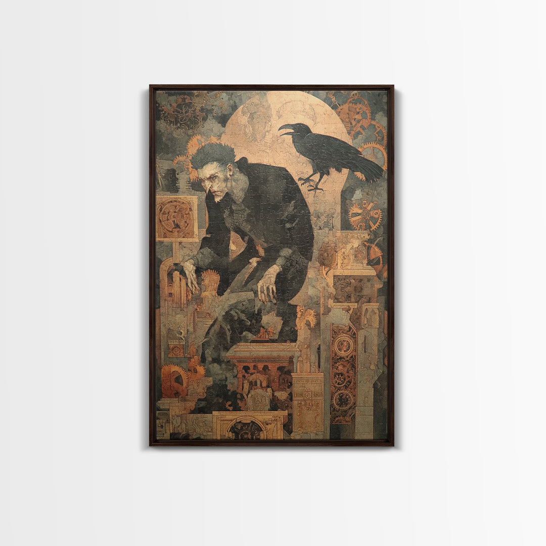The Clockwork Haunted House, Symbolist Etching Art, Vertical Wall Art, Dark Halloween Decor, Canvas Print, Halloween Wall Art