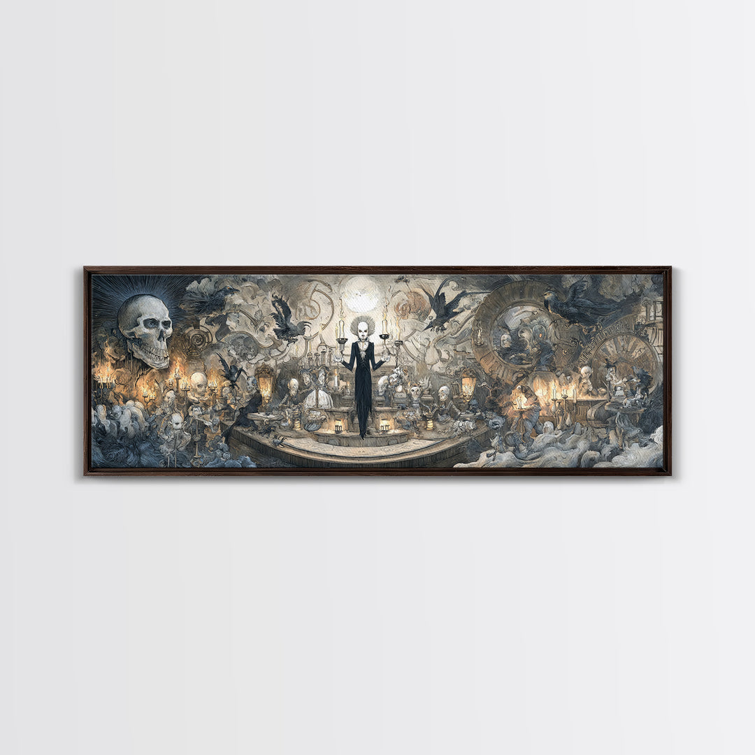 The Clockwork Haunted House, Expressionist Nightmare Art, Extra Wide Wall Art, Dark Halloween Decor, Framed Canvas Print, Halloween Wall Art