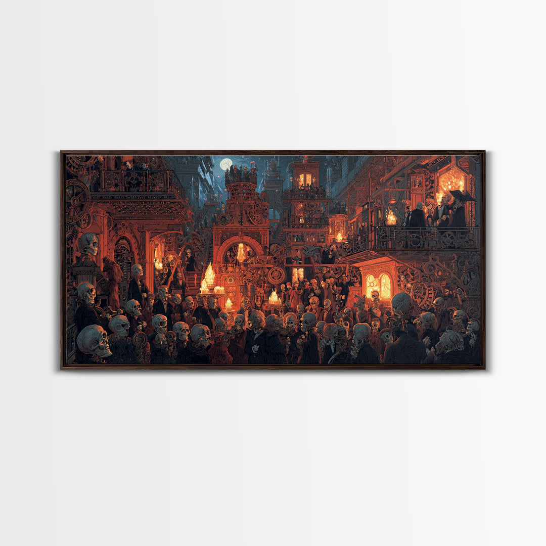 The Clockwork Haunted House, Grotesque Carnival Art, Wide Panoramic Art, Gothic Horror Wall Art, Canvas Print, Halloween Wall Art
