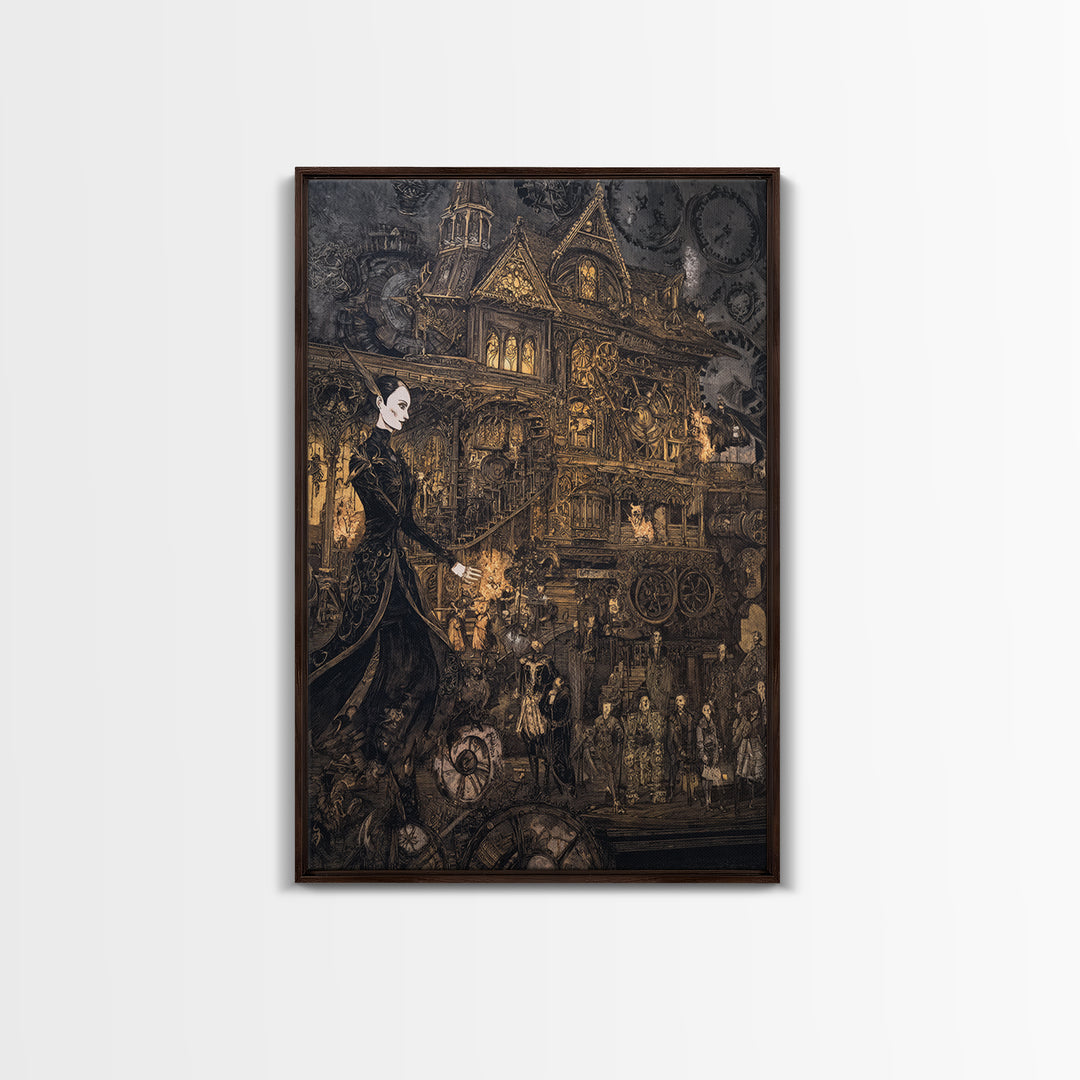 The Clockwork Haunted House, Stained Glass Gothic Art, Vertical Wall Art, Dark Fantasy Wall Art, Canvas Print, Halloween Wall Art