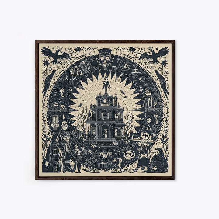 The Clockwork Haunted House, Macabre Folk Print Art, Square Wall Art, Macabre Wall Art, Framed Canvas Print, Halloween Wall Art