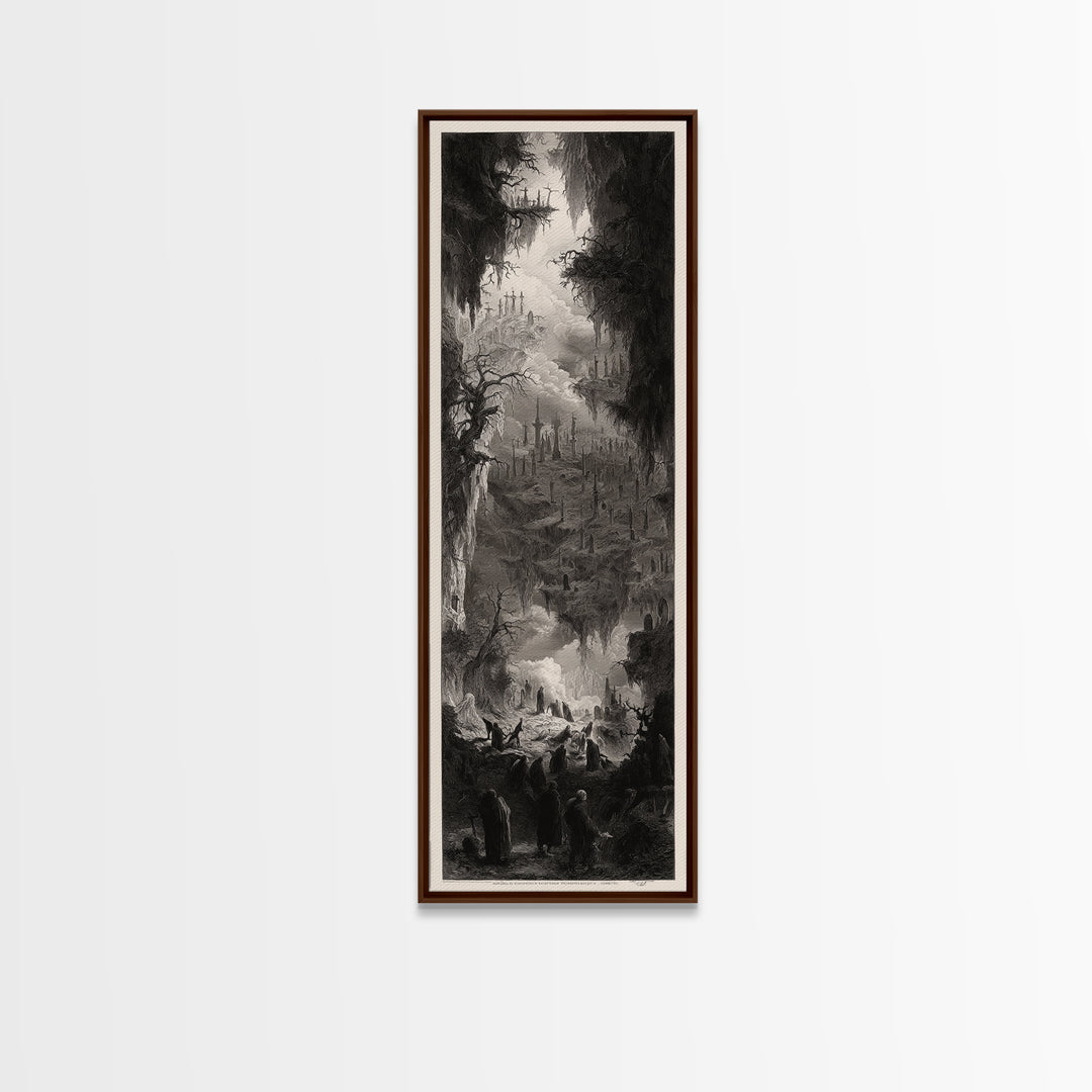 The Upside-Down Cemetery, Gothic Engraving Art, Tall Narrow Wall Art, Gothic Horror Wall Art, Framed Canvas Print, Halloween Wall Art