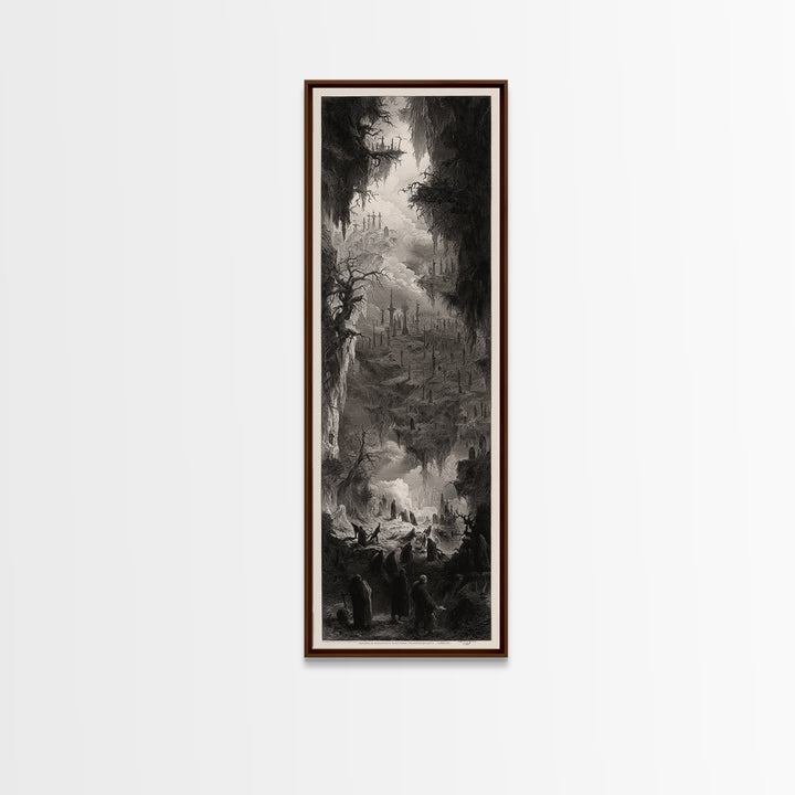The Upside-Down Cemetery, Gothic Engraving Art, Tall Narrow Wall Art, Gothic Horror Wall Art, Framed Canvas Print, Halloween Wall Art