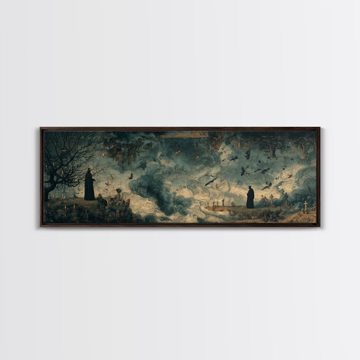 The Upside-Down Cemetery, Medieval Grotesque Art, Extra Wide Wall Art, Macabre Wall Art, Canvas Print, Halloween Wall Art