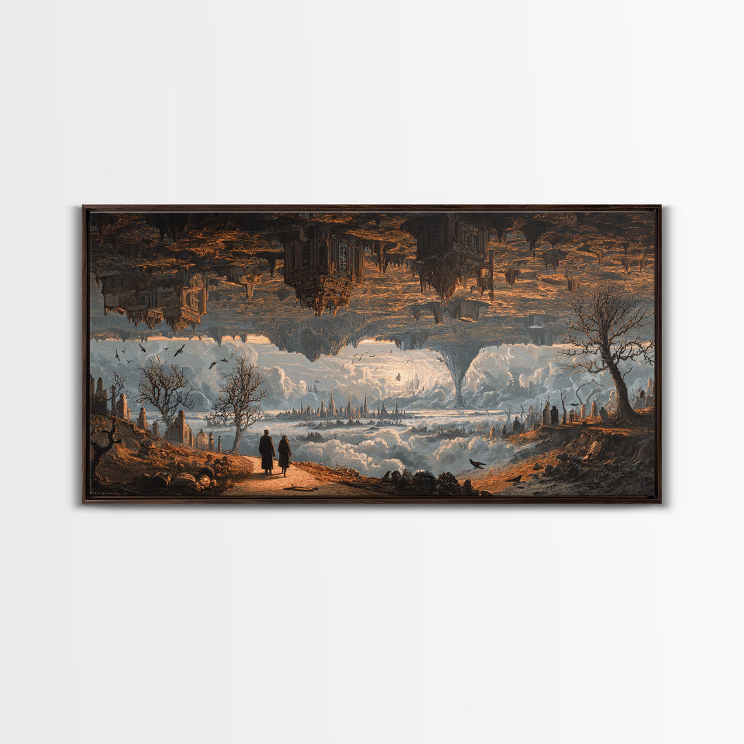 The Upside-Down Cemetery, Apocalyptic Romantic Art, Wide Panoramic Art, Macabre Wall Art, Framed Canvas Print, Halloween Wall Art