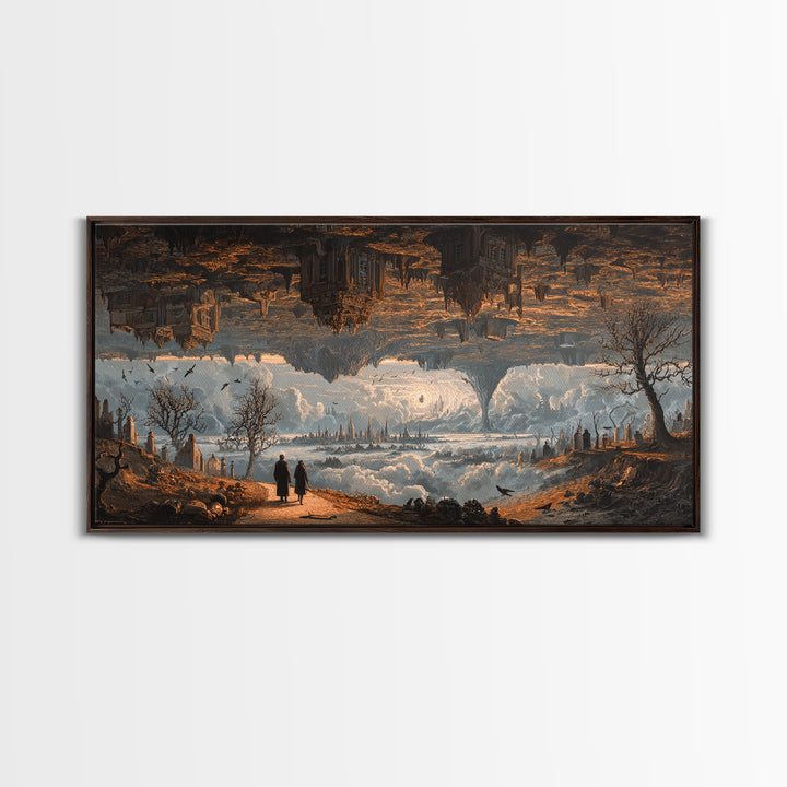 The Upside-Down Cemetery, Apocalyptic Romantic Art, Wide Panoramic Art, Macabre Wall Art, Framed Canvas Print, Halloween Wall Art