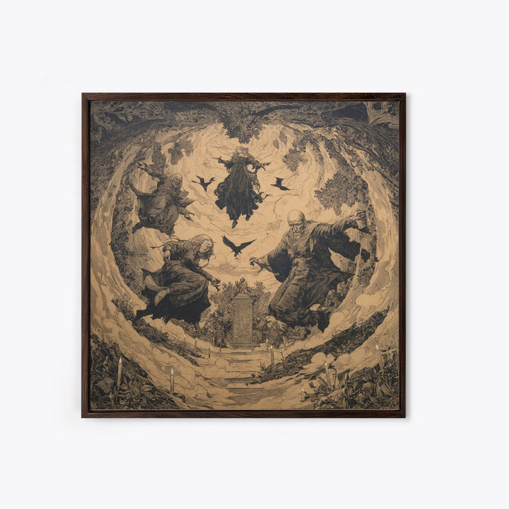 The Upside-Down Cemetery, Symbolist Etching Art, Square Wall Art, Gothic Horror Wall Art, Canvas Print, Halloween Wall Art
