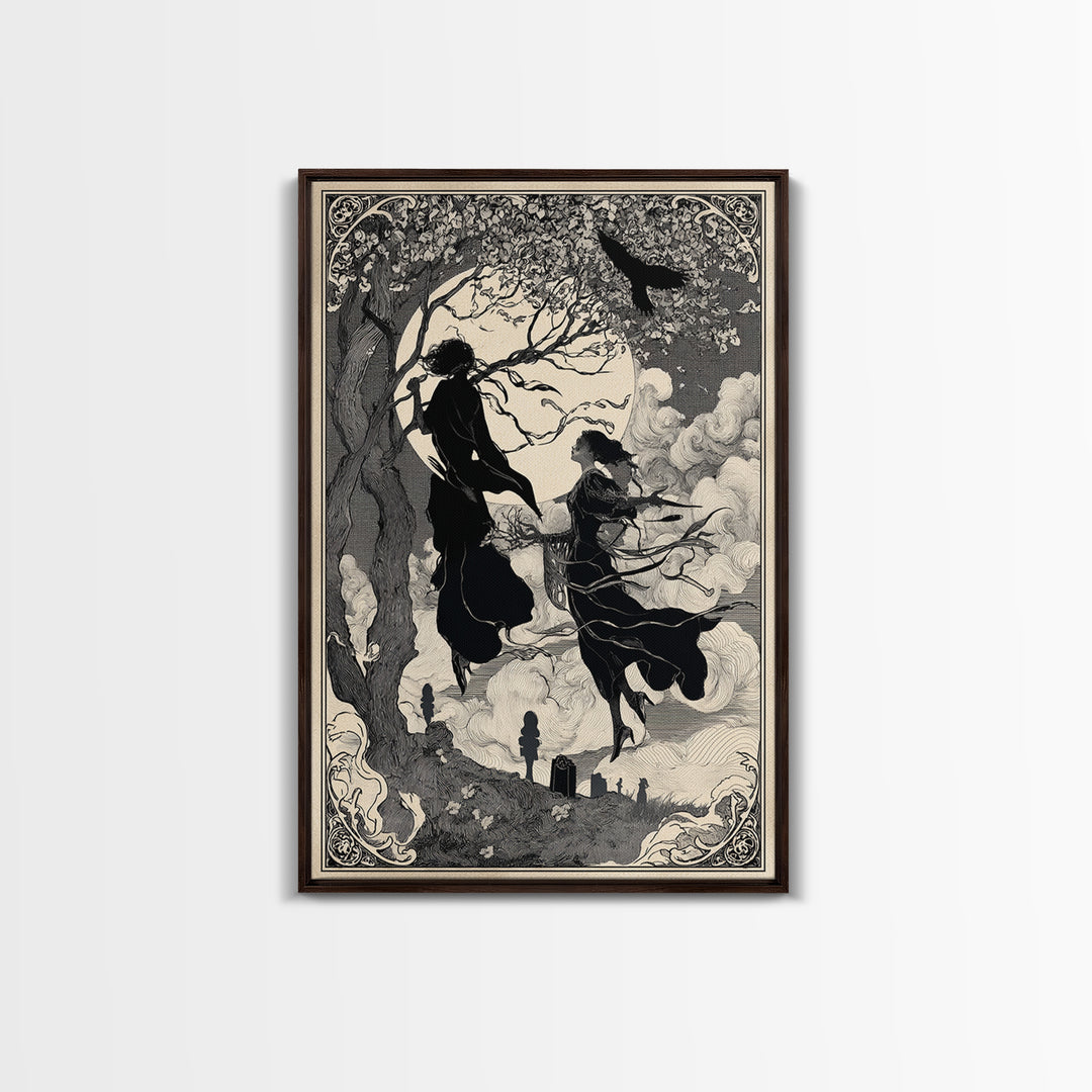The Upside-Down Cemetery, Decadent Line Art, Vertical Wall Art, Dark Halloween Decor, Canvas Print, Halloween Wall Art