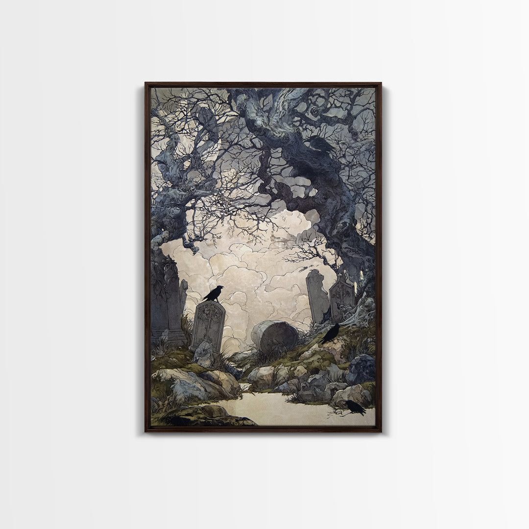 The Upside-Down Cemetery, Gothic Storybook Art, Vertical Wall Art, Dark Fantasy Wall Art, Canvas Print, Halloween Wall Art