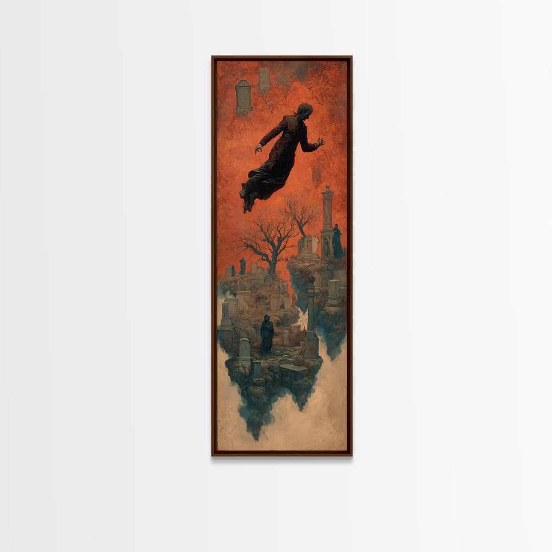 The Upside-Down Cemetery, Surreal Apocalyptic Art, Tall Narrow Wall Art, Macabre Wall Art, Canvas Print, Halloween Wall Art