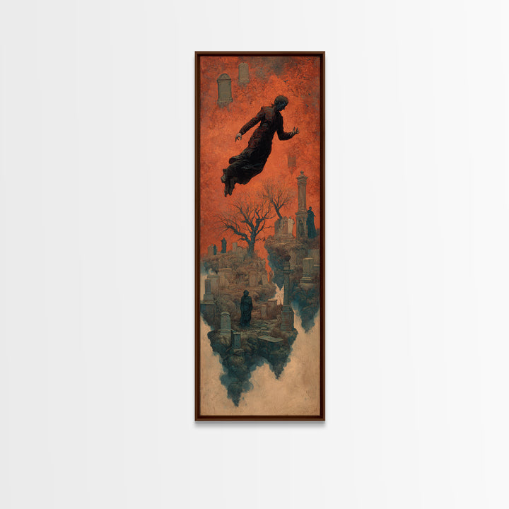 The Upside-Down Cemetery, Surreal Apocalyptic Art, Tall Narrow Wall Art, Macabre Wall Art, Canvas Print, Halloween Wall Art