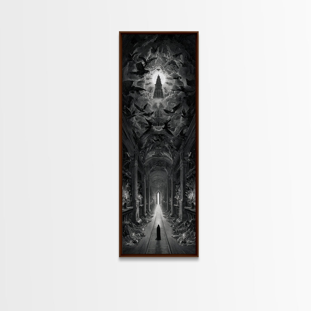 The Infinite Hallway, Gothic Engraving Art, Tall Narrow Wall Art, Macabre Wall Art, Framed Canvas Print, Halloween Wall Art
