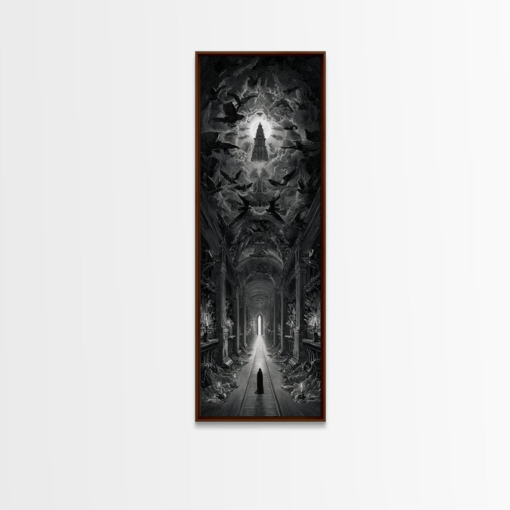 The Infinite Hallway, Gothic Engraving Art, Tall Narrow Wall Art, Macabre Wall Art, Framed Canvas Print, Halloween Wall Art