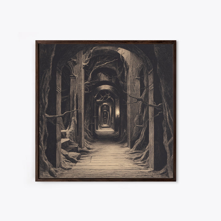 The Infinite Hallway, Expressionist Nightmare Art, Square Wall Art, Macabre Wall Art, Framed Canvas Print, Halloween Wall Art