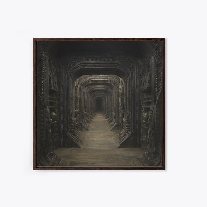 The Infinite Hallway, Biomechanical Horror Art, Square Wall Art, Dark Fantasy Wall Art, Framed Canvas Print, Halloween Wall Art