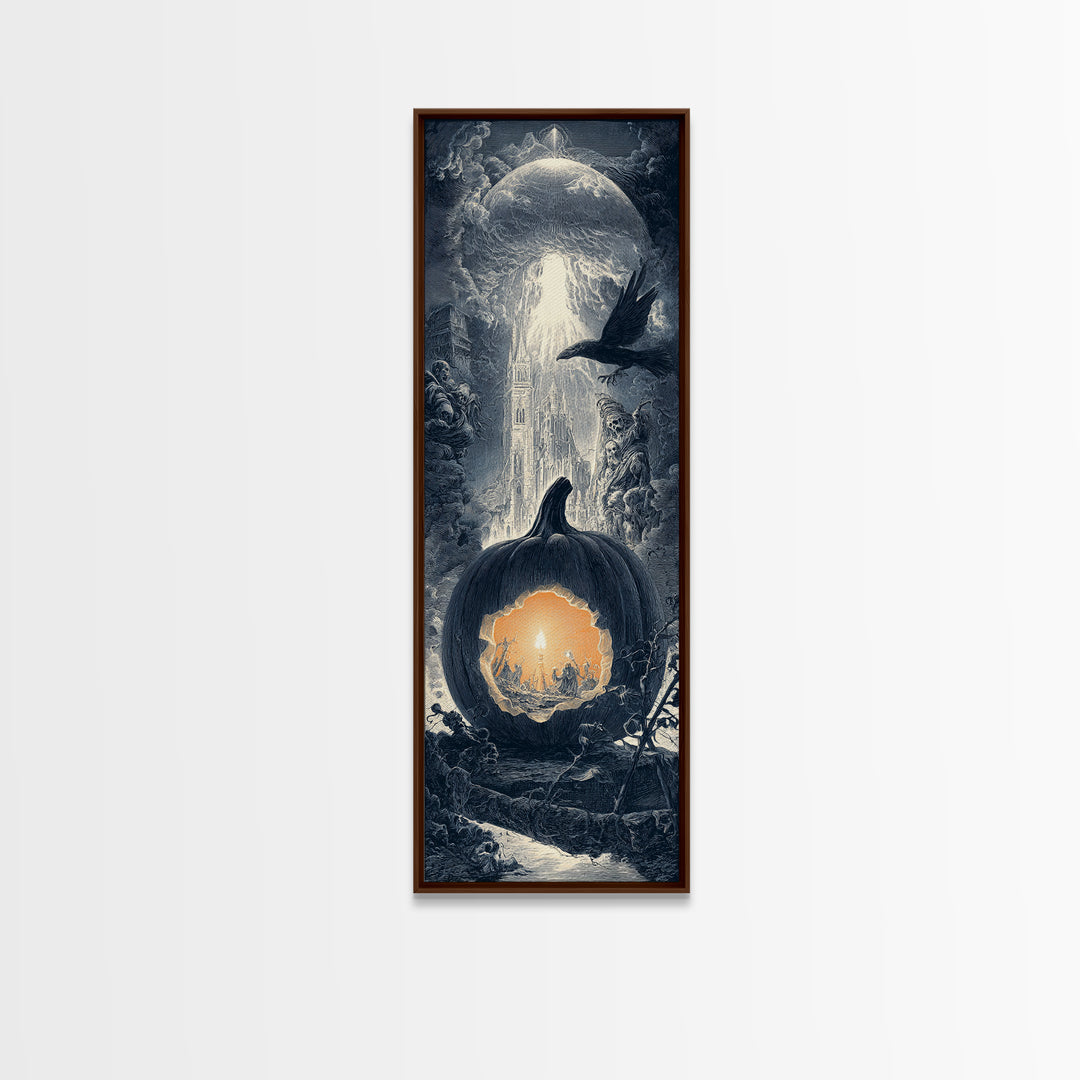 The Moon Inside A Pumpkin, Gothic Engraving Art, Tall Narrow Wall Art, Macabre Wall Art, Framed Canvas Print, Halloween Wall Art