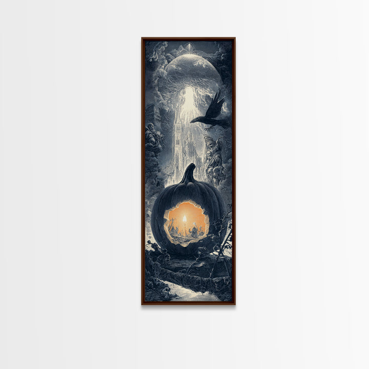 The Moon Inside A Pumpkin, Gothic Engraving Art, Tall Narrow Wall Art, Macabre Wall Art, Framed Canvas Print, Halloween Wall Art