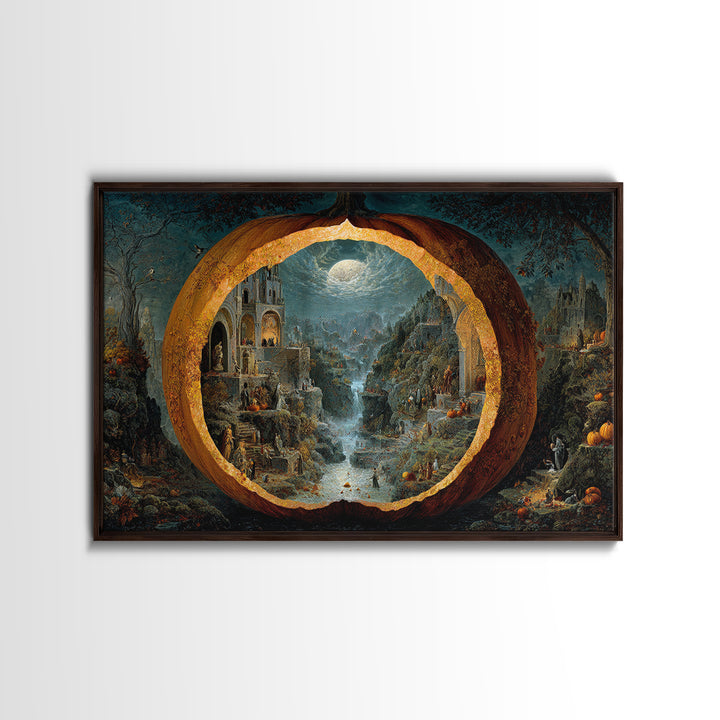 The Moon Inside A Pumpkin, Medieval Grotesque Art, Landscape Wall Art, Macabre Wall Art, Framed Canvas Print, Halloween Wall Art
