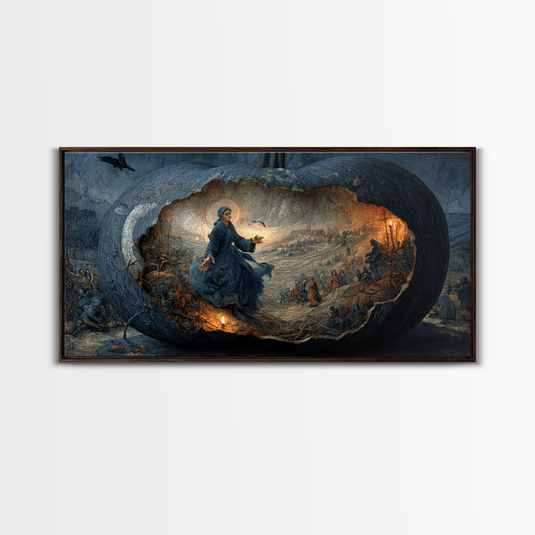 The Moon Inside A Pumpkin, Northern Renaissance Horror, Wide Panoramic Art, Dark Halloween Decor, Framed Canvas Print