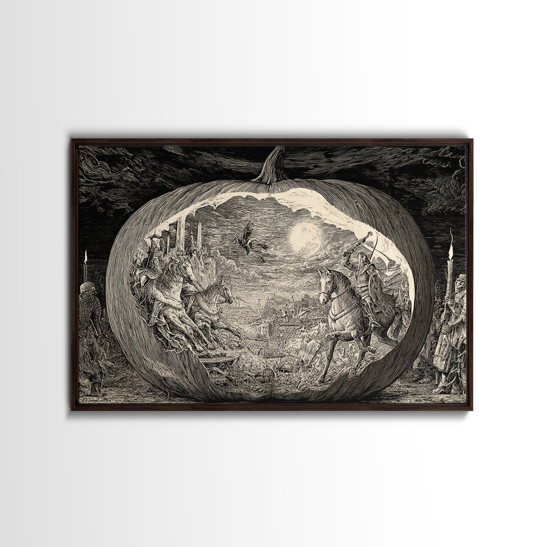 The Moon Inside A Pumpkin, Renaissance Engraving Art, Landscape Wall Art, Macabre Wall Art, Canvas Print, Halloween Wall Art