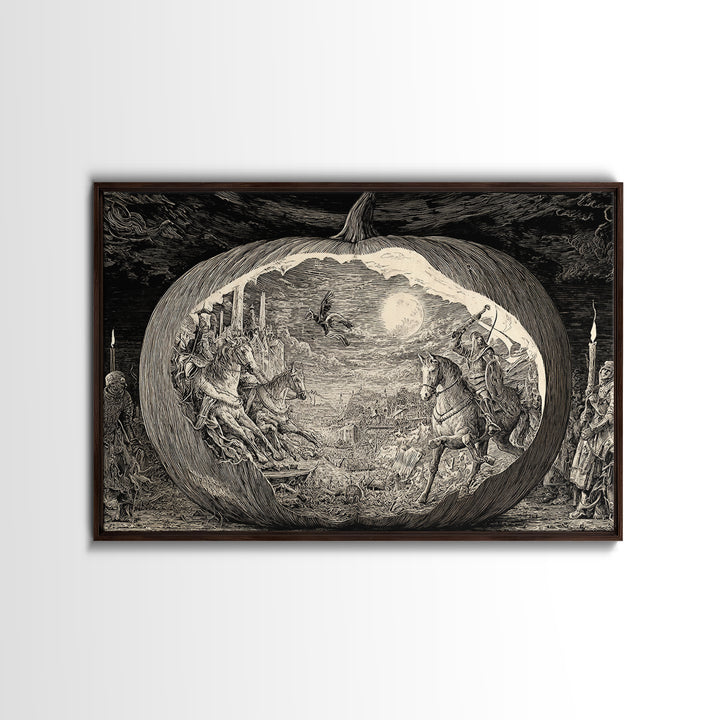 The Moon Inside A Pumpkin, Renaissance Engraving Art, Landscape Wall Art, Macabre Wall Art, Canvas Print, Halloween Wall Art