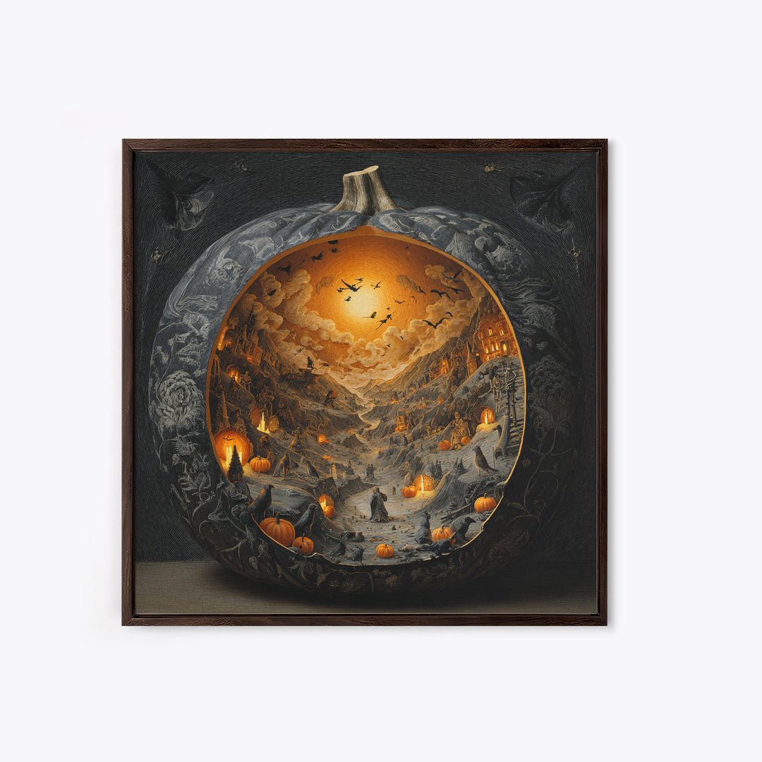 The Moon Inside A Pumpkin, Danse Macabre Art, Square Wall Art, Dark Halloween Decor, Framed Canvas Print