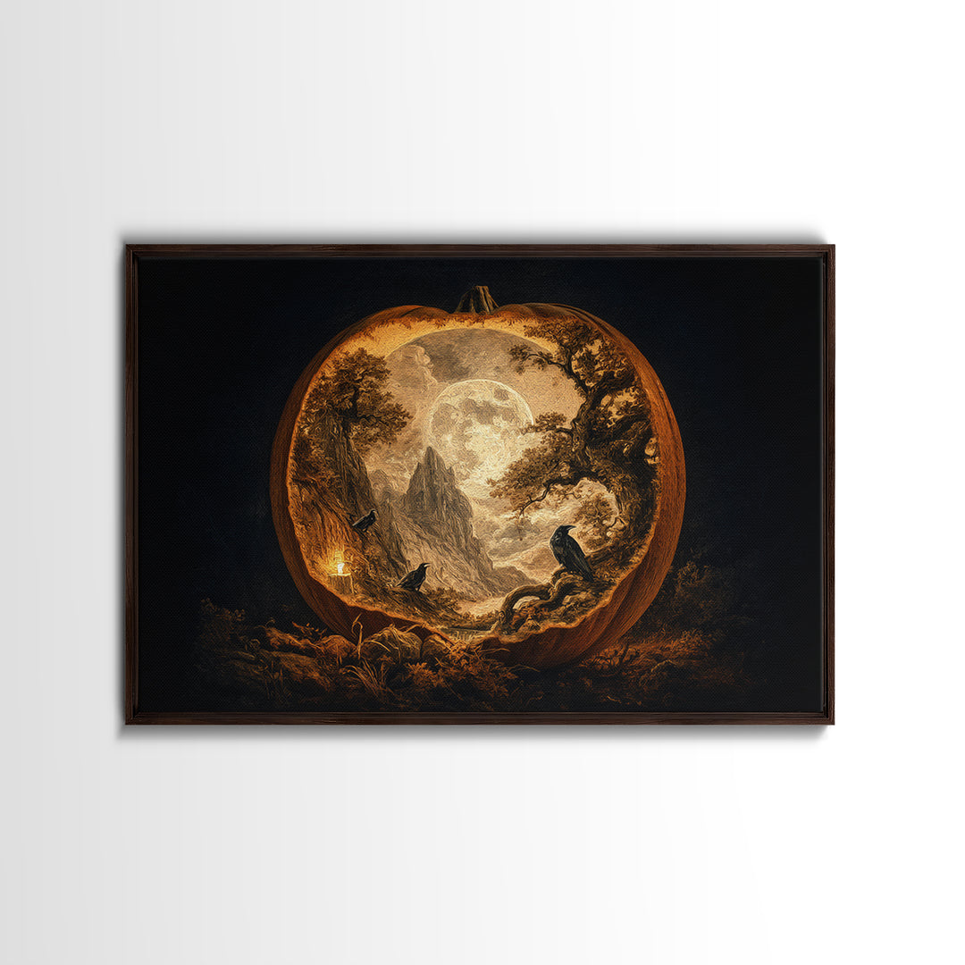 The Moon Inside A Pumpkin, Baroque Witchcraft Art, Landscape Wall Art, Dark Fantasy Wall Art, Framed Canvas Print, Halloween Wall Art