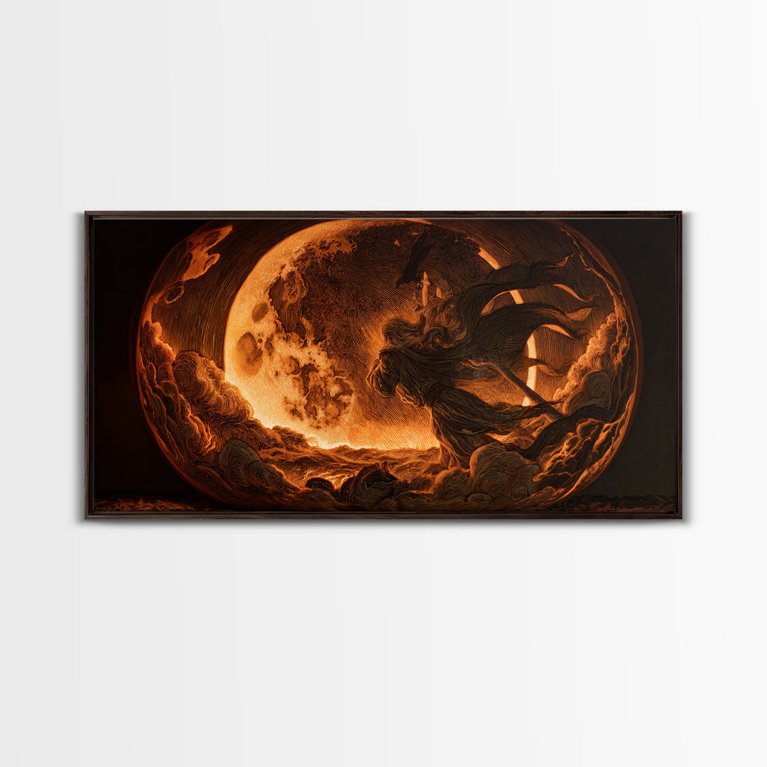 The Moon Inside A Pumpkin, Visionary Gothic Art, Wide Panoramic Art, Dark Halloween Decor, Framed Canvas Print, Halloween Wall Art