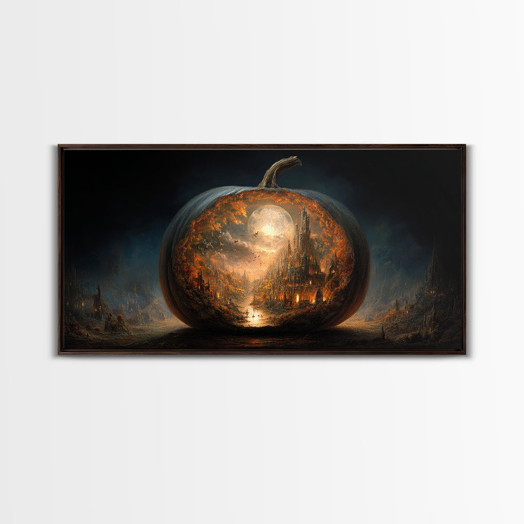 The Moon Inside A Pumpkin, Apocalyptic Romantic Art, Wide Panoramic Art, Gothic Horror Wall Art, Framed Canvas Print, Halloween Wall Art