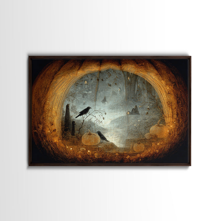 The Moon Inside A Pumpkin, Symbolist Dream Art, Landscape Wall Art, Macabre Wall Art, Framed Canvas Print, Halloween Wall Art