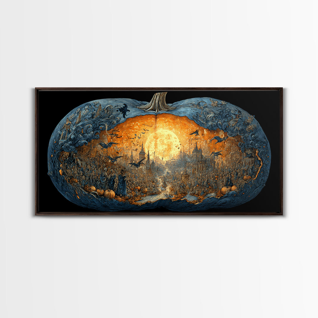 The Moon Inside A Pumpkin, Grotesque Carnival Art, Wide Panoramic Art, Dark Halloween Decor, Framed Canvas Print, Halloween Wall Art