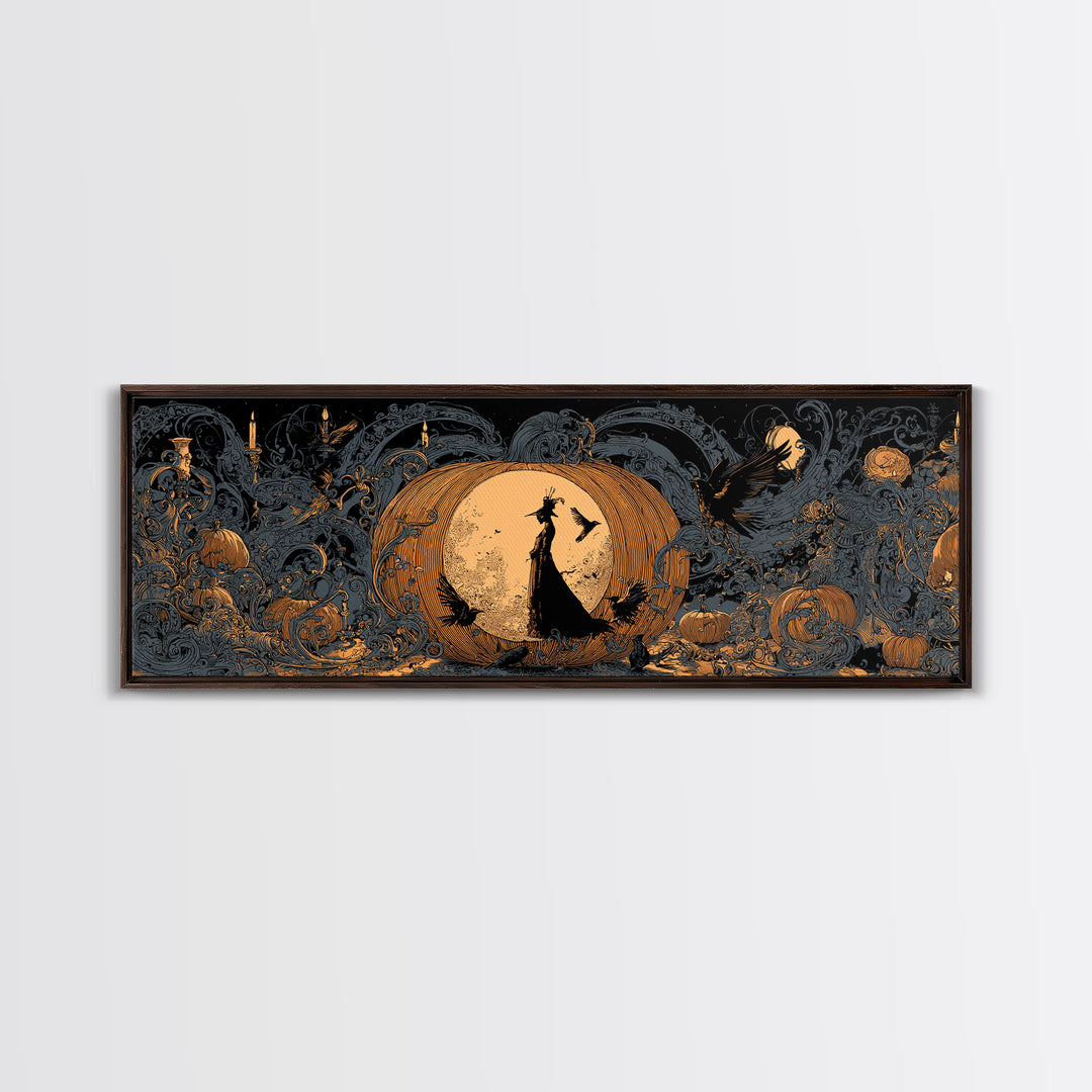 The Moon Inside A Pumpkin, Decadent Line Art, Extra Wide Wall Art, Gothic Horror Wall Art, Canvas Print, Halloween Wall Art