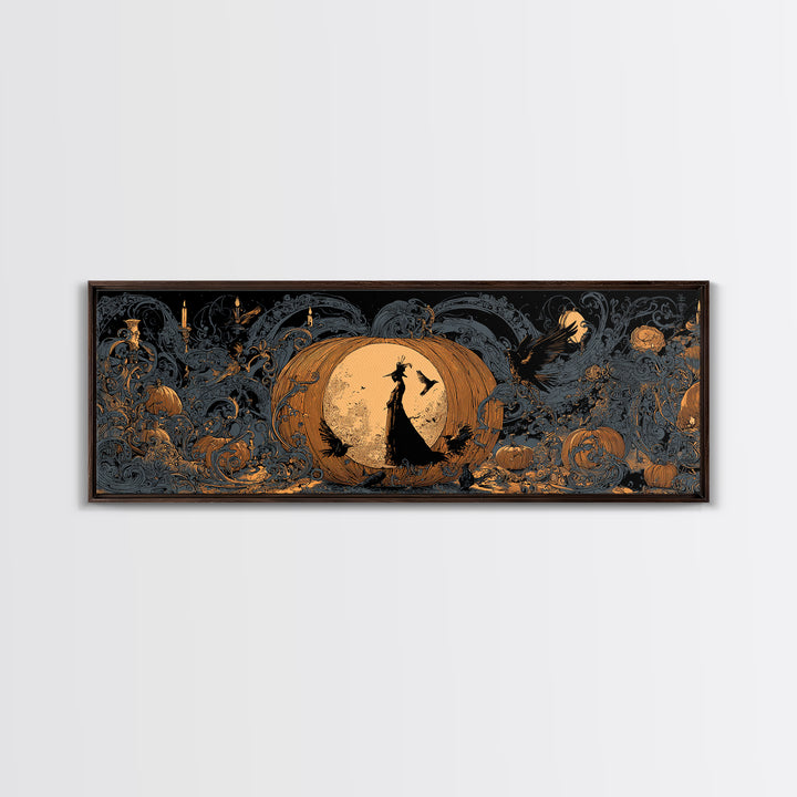 The Moon Inside A Pumpkin, Decadent Line Art, Extra Wide Wall Art, Gothic Horror Wall Art, Canvas Print, Halloween Wall Art
