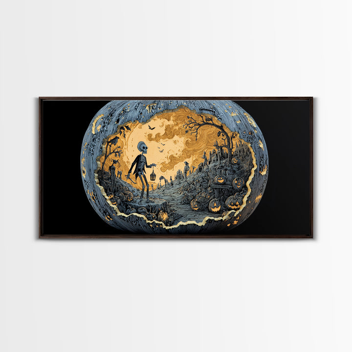 The Moon Inside A Pumpkin, Macabre Folk Print Art, Wide Panoramic Art, Macabre Wall Art, Framed Canvas Print, Halloween Wall Art
