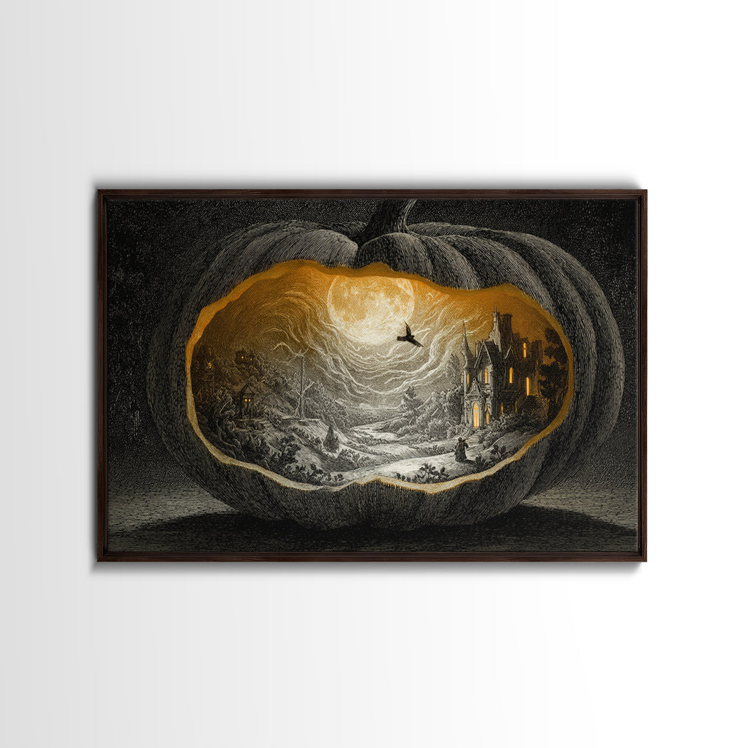 The Moon Inside A Pumpkin, Victorian Macabre Art, Landscape Wall Art, Gothic Horror Wall Art, Framed Canvas Print, Halloween Wall Art