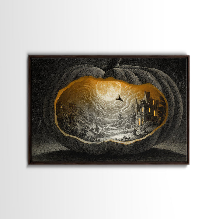 The Moon Inside A Pumpkin, Victorian Macabre Art, Landscape Wall Art, Gothic Horror Wall Art, Framed Canvas Print, Halloween Wall Art