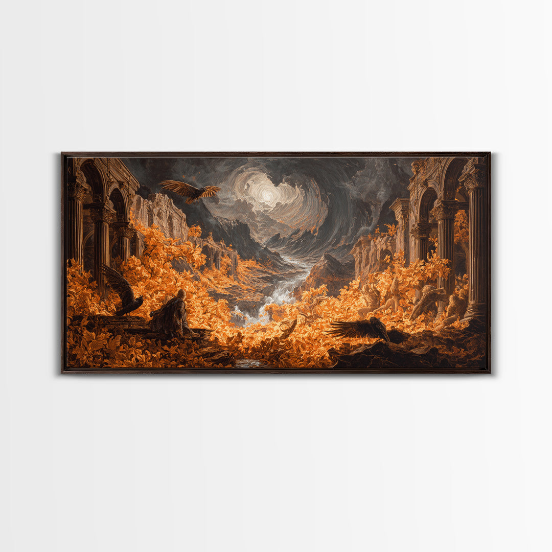 The Autumn-Leaf Ghost, Apocalyptic Romantic Art, Wide Panoramic Art, Macabre Wall Art, Framed Canvas Print, Halloween Wall Art