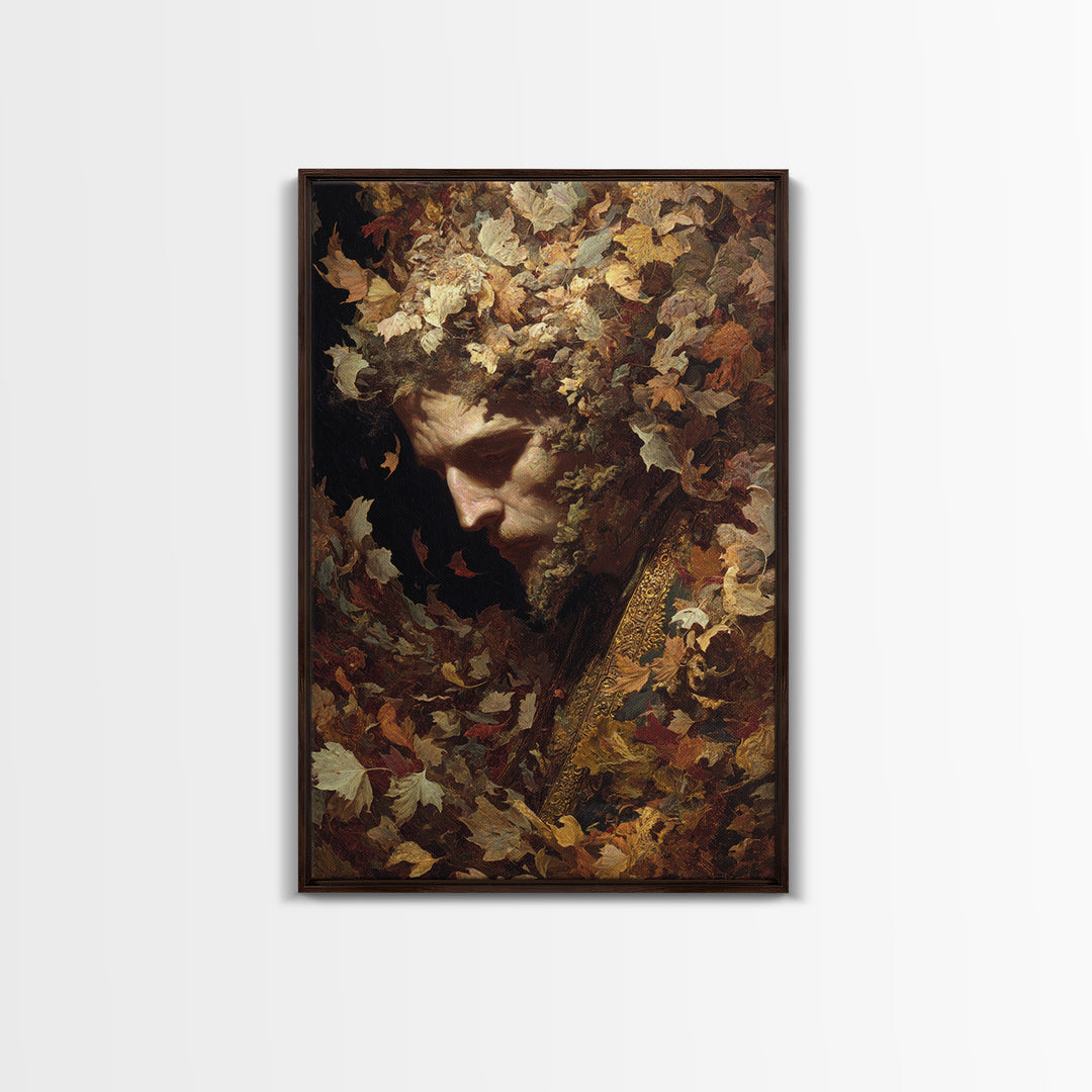 The Autumn-Leaf Ghost, Ornate Symbolist Art, Vertical Wall Art, Dark Halloween Decor, Framed Canvas Print, Halloween Wall Art