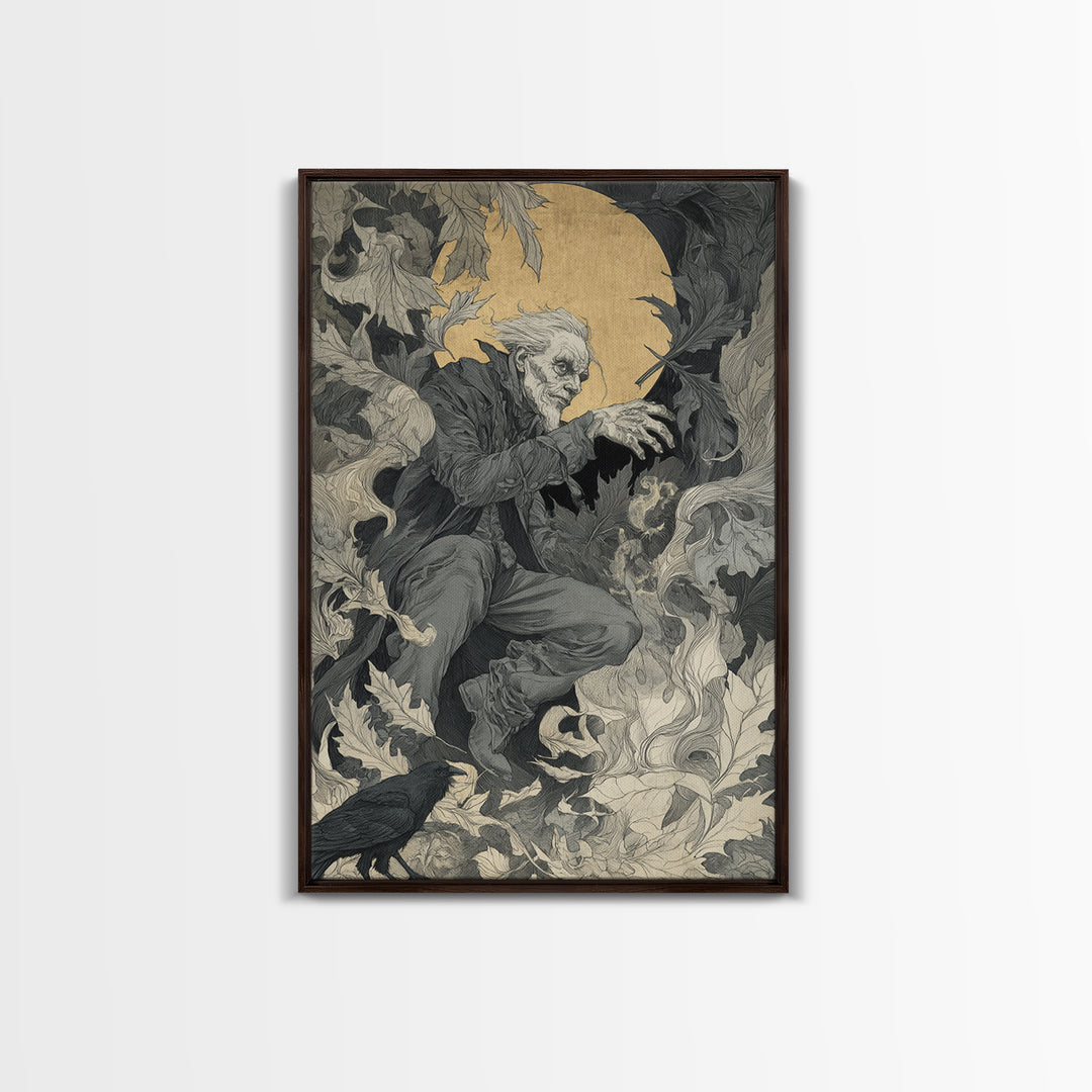 The Autumn-Leaf Ghost, Symbolist Etching Art, Vertical Wall Art, Dark Halloween Decor, Canvas Print, Halloween Wall Art, Horror Wall Art