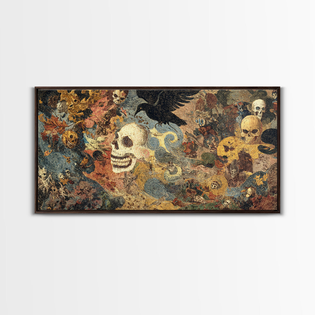The Autumn-Leaf Ghost, Grotesque Carnival Art, Wide Panoramic Art, Gothic Horror Wall Art, Framed Canvas Print, Halloween Wall Art