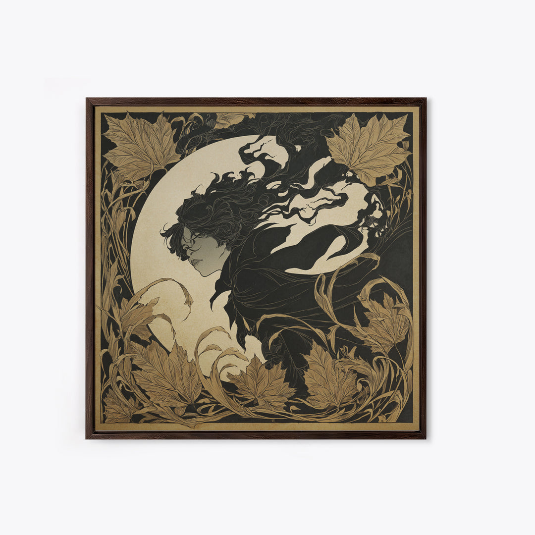 The Autumn-Leaf Ghost, Decadent Line Art, Square Wall Art, Dark Halloween Decor, Framed Canvas Print, Halloween Wall Art
