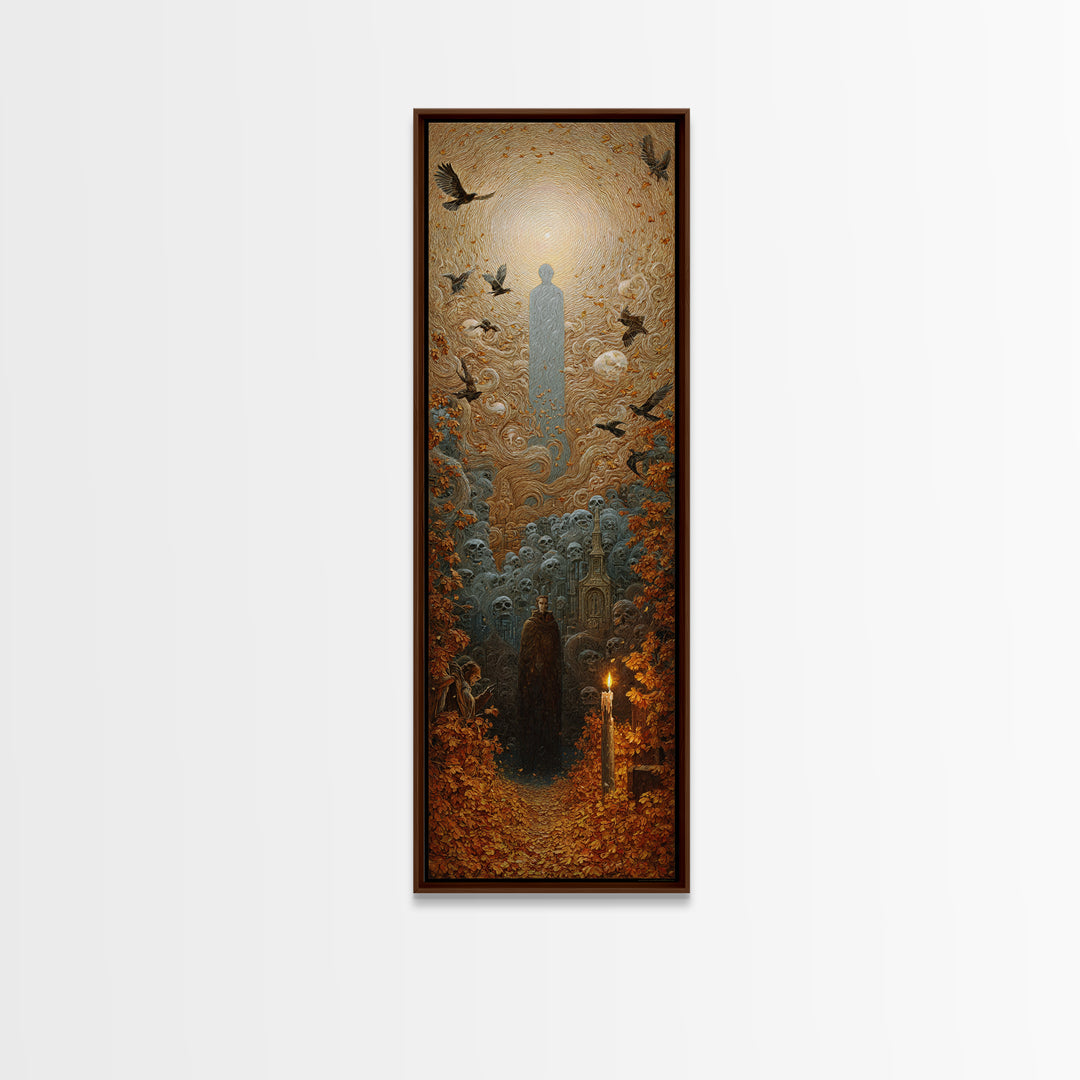 The Autumn-Leaf Ghost, Surreal Apocalyptic Art, Tall Narrow Wall Art, Dark Halloween Decor, Framed Canvas Print, Halloween Wall Art