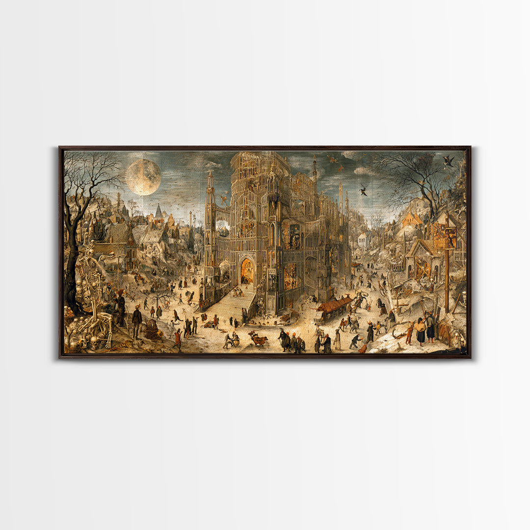 The Cathedral Of Bones, Northern Renaissance Horror, Wide Panoramic Art, Gothic Horror Wall Art, Framed Canvas Print
